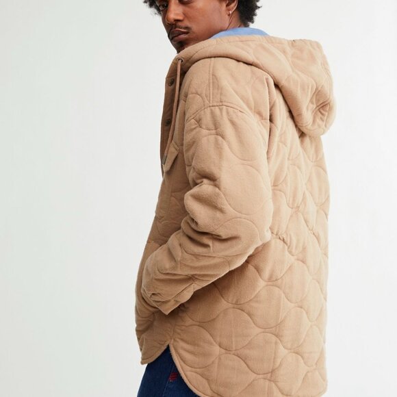 BDG Flannel Quilted Hooded Shirt Jacket in Taupe Men's Size Large / Unisex - Picture 16 of 16